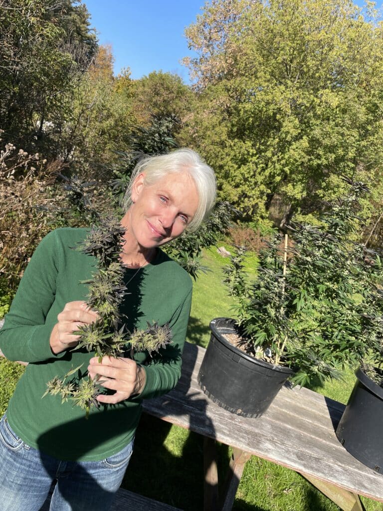 Smash Hits/Canna Provisions CEO Meg Sanders with some sun-grown Smash Hits from clones in her own backyard.